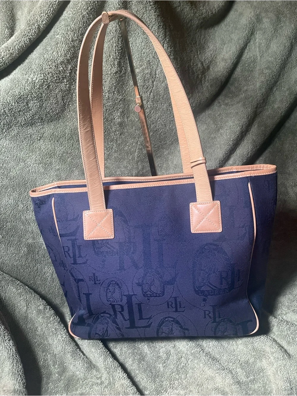 Vintage Lauren Ralph Lauren Monogram Jacquard Canvas Tote Bag Navy and Tan